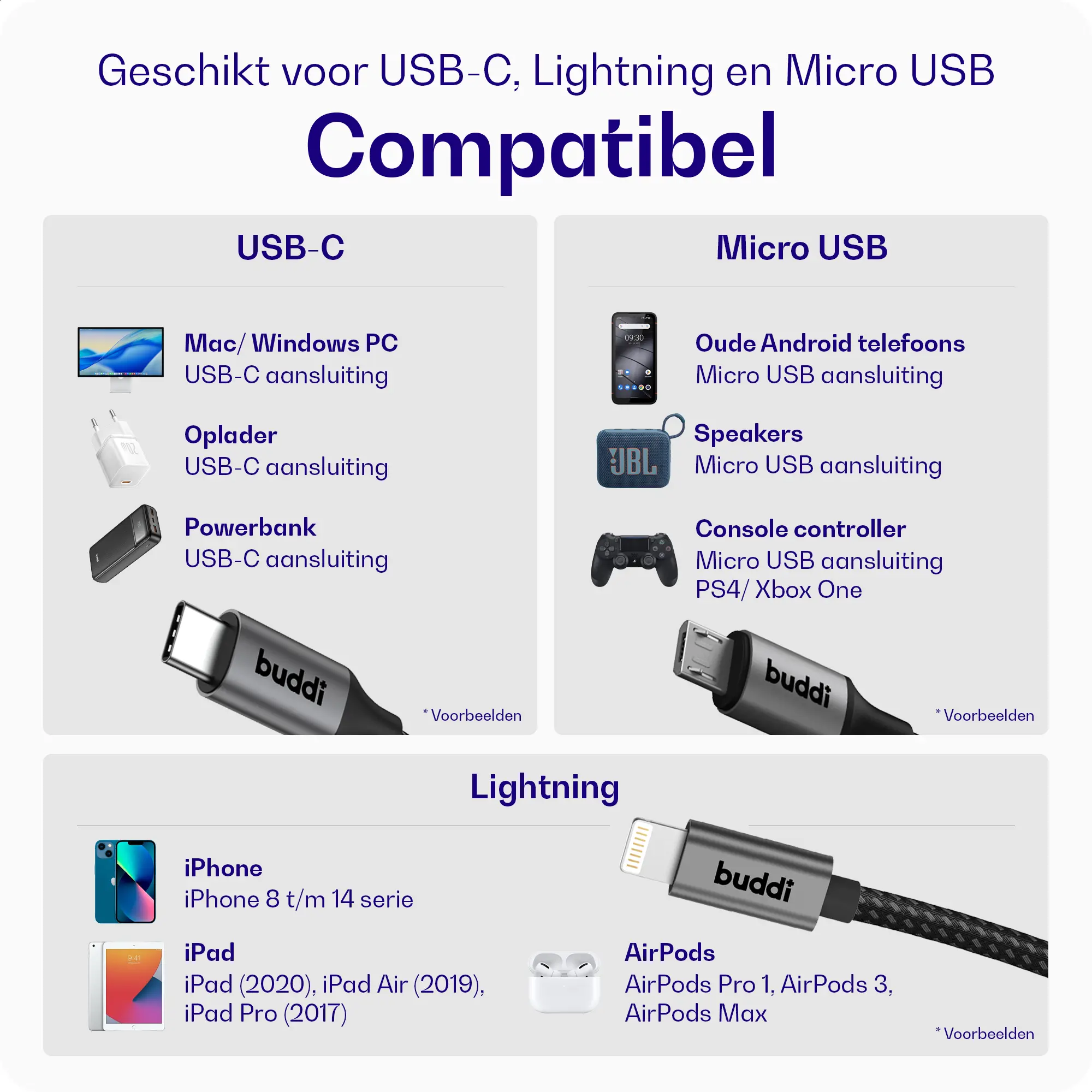 Buddi Flex 3-in-1 USB-C naar USB-C Lightning Micro-USB 1.5M Zwart afbeelding 3