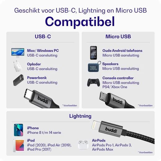 Buddi Flex 3-in-1 USB-C naar USB-C Lightning Micro-USB 1.5M Zwart afbeelding 3
