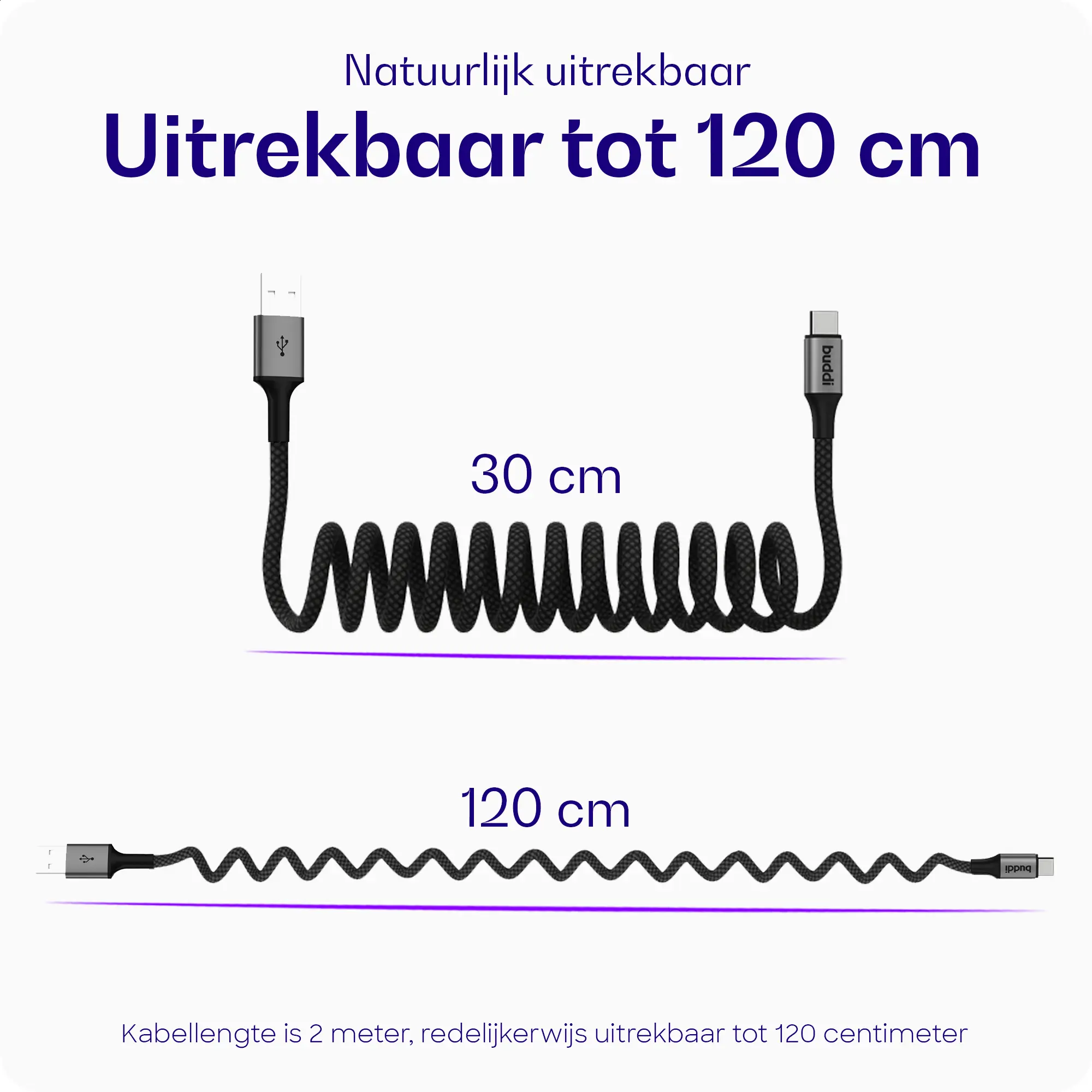 Buddi Flex USB-A naar USB-C Krulsnoer Kabel 12W Fast Charge 2M Zwart afbeelding 2
