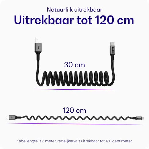 Buddi Flex USB-A naar USB-C Krulsnoer Kabel 12W Fast Charge 2M Zwart afbeelding 2
