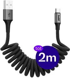Buddi Flex USB-A naar USB-C Krulsnoer Kabel 12W Fast Charge 2M Zwart afbeelding