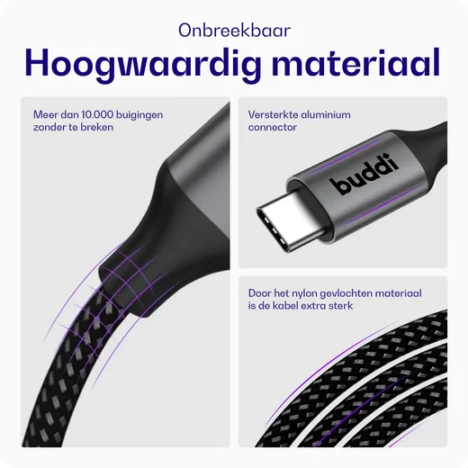 Buddi Flex USB-C naar USB-C Krulsnoer Kabel 60W Fast Charge 2M Zwart afbeelding 5
