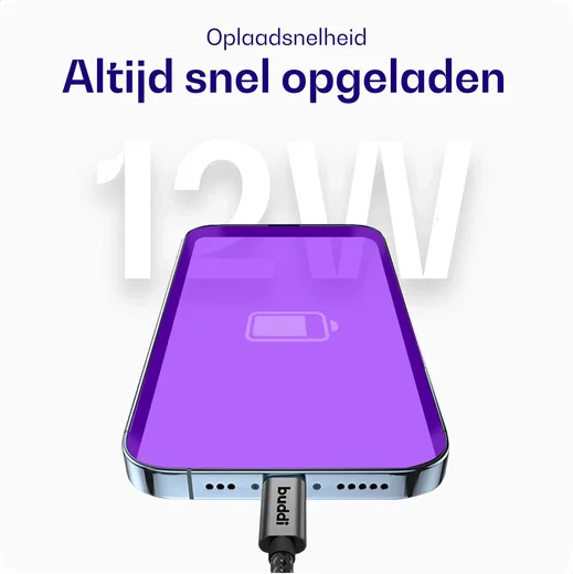 Buddi Flex USB-A naar Lightning Krulsnoer Kabel 12W Fast Charge 2M Zwart afbeelding 3