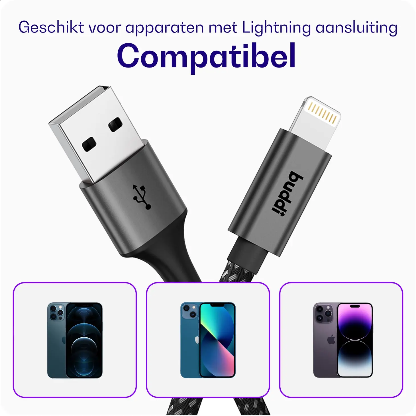 Buddi Flex USB-A naar Lightning Krulsnoer Kabel 12W Fast Charge 2M Zwart afbeelding 5