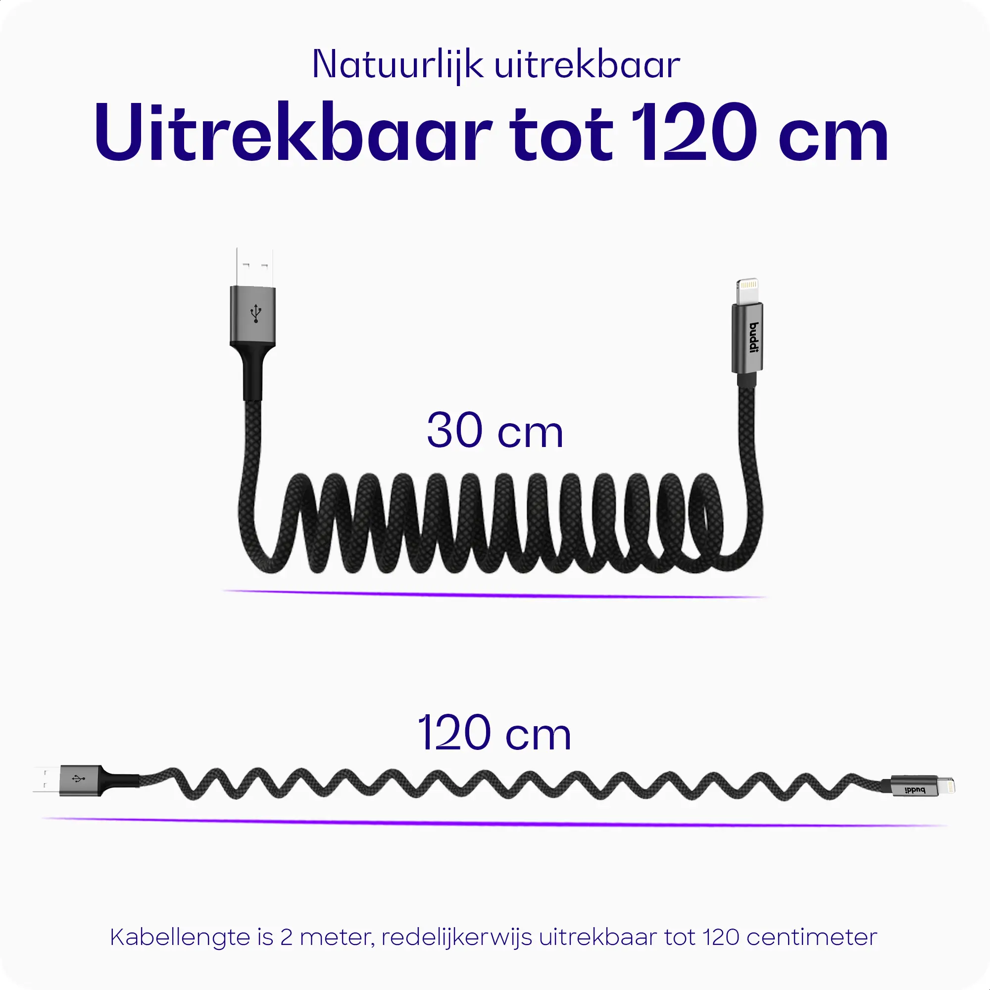 Buddi Flex USB-A naar Lightning Krulsnoer Kabel 12W Fast Charge 2M Zwart afbeelding 2