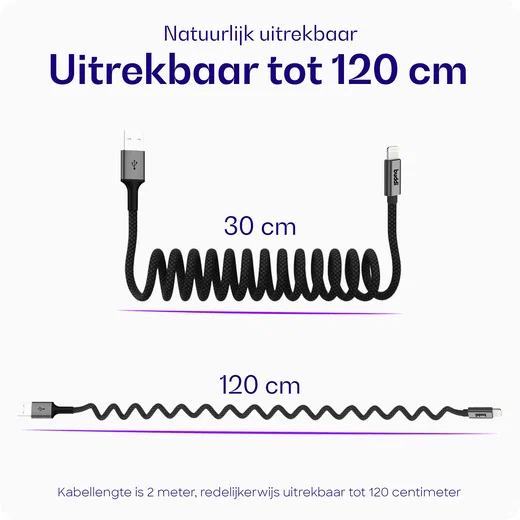 Buddi Flex USB-A naar Lightning Krulsnoer Kabel 12W Fast Charge 2M Zwart afbeelding 2