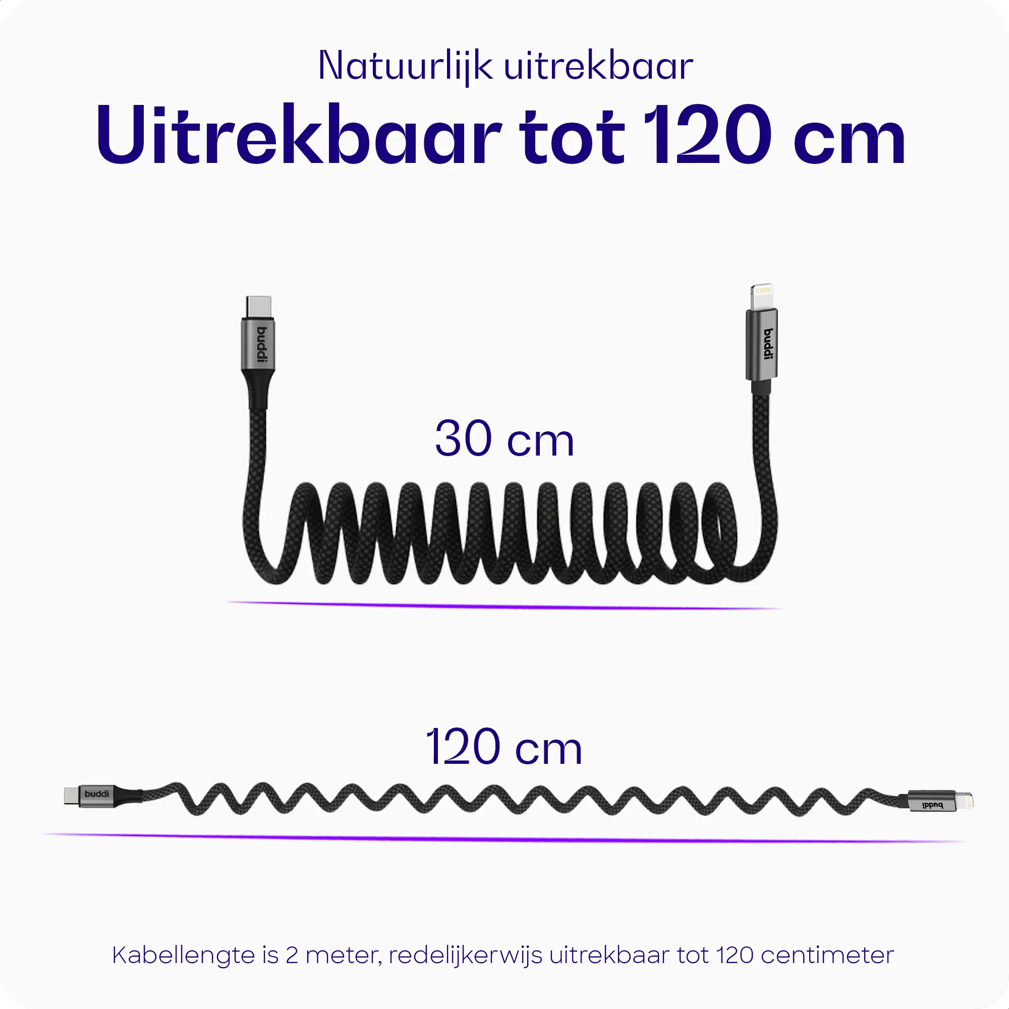 Buddi Flex USB-C naar Lightning Krulsnoer Kabel 12W Fast Charge 2M Zwart afbeelding 3