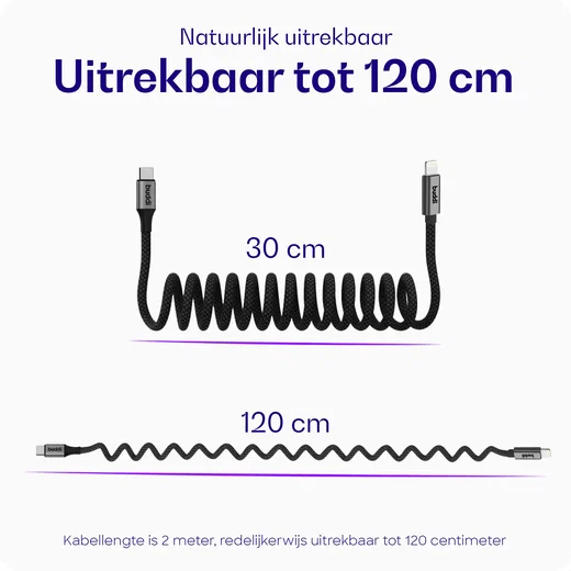 Buddi Flex USB-C naar Lightning Krulsnoer Kabel 12W Fast Charge 2M Zwart afbeelding 3