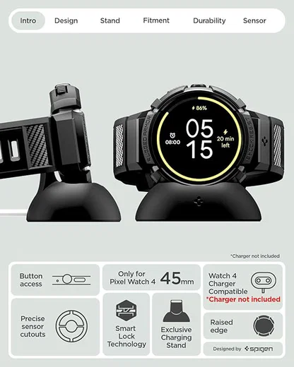 Spigen Rugged Armor Pro - Pixel Watch 4 45MM Hoesje Zwart + Oplaad Standaard afbeelding 2