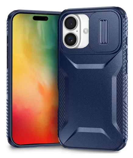 Apple iPhone 16 Hoesje Camera Slider Back Cover Schokbestendig Blauw afbeelding 1