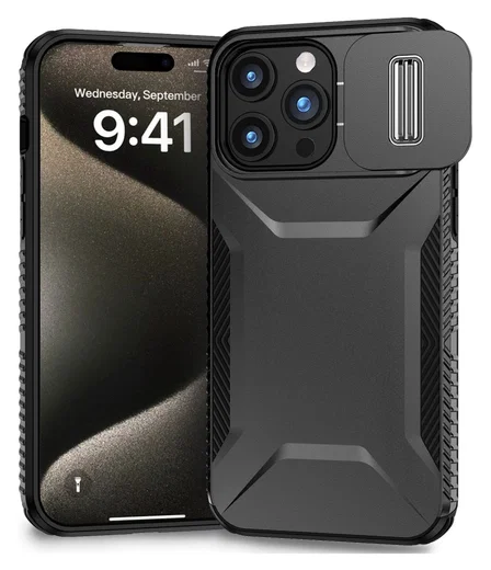 Apple iPhone 15 Pro Hoesje Camera Slider Back Cover Schokbestendig Zwart afbeelding 1