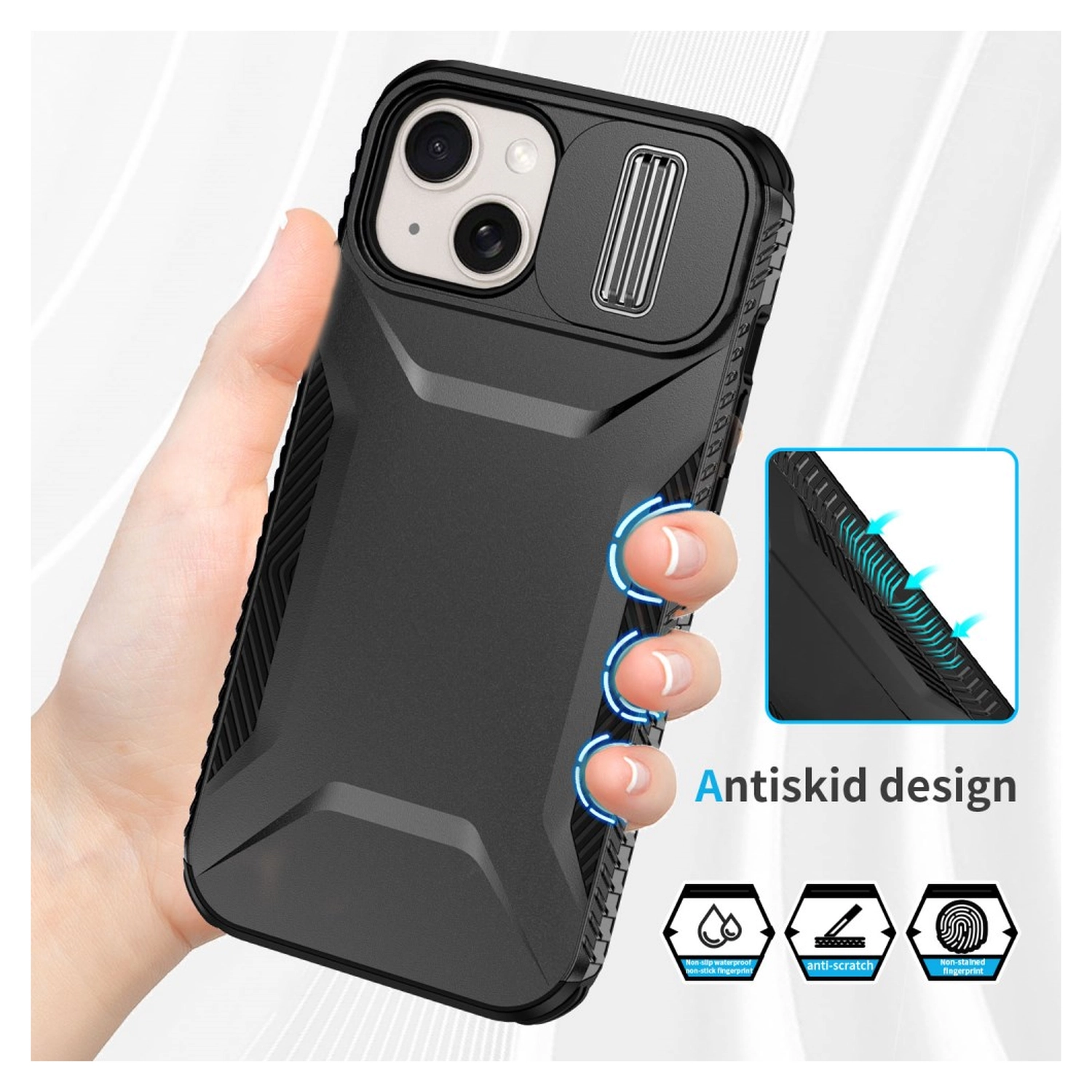 Apple iPhone 15 Hoesje Camera Slider Back Cover Schokbestendig Zwart afbeelding 7