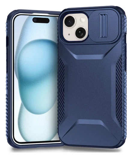 Apple iPhone 15 Hoesje Camera Slider Back Cover Schokbestendig Blauw afbeelding 1