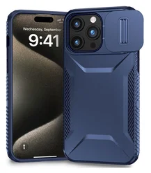 Apple iPhone 15 Pro Max Hoesje Camera Slider Back Cover Schokbestendig Blauw afbeelding