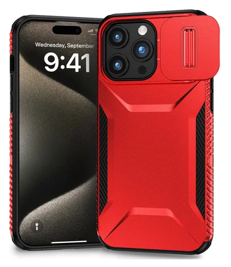 Apple iPhone 15 Pro Max Hoesje Camera Slider Back Cover Schokbestendig Rood afbeelding 1