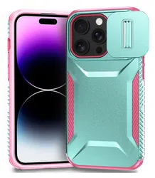iPhone 14 Pro Hoesje Camera Slider Back Cover Schokbestendig Blauw Roze afbeelding