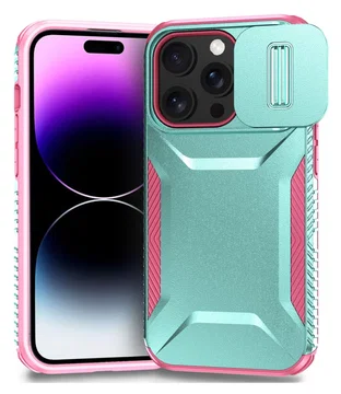 iPhone 14 Pro Max Hoesje Camera Slider Back Cover Schokbestendig Blauw Roze