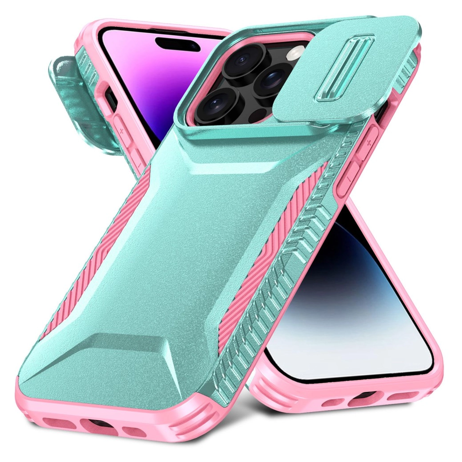 iPhone 14 Pro Max Hoesje Camera Slider Back Cover Schokbestendig Blauw Roze afbeelding 2