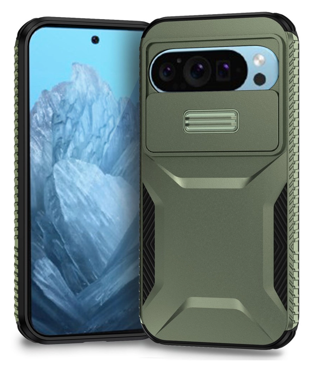 Google Pixel 10 Pro / 9 Pro Hoesje Camera Slider Back Cover Schokbestendig Groen afbeelding 1