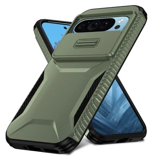Google Pixel 10 Pro / 9 Pro Hoesje Camera Slider Back Cover Schokbestendig Groen afbeelding 2