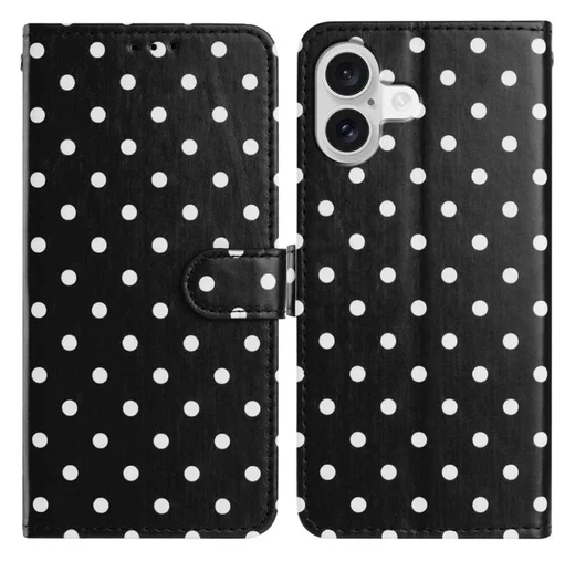 Apple iPhone 16 Hoesje Portemonnee Book Case Polka Dot Zwart afbeelding 1