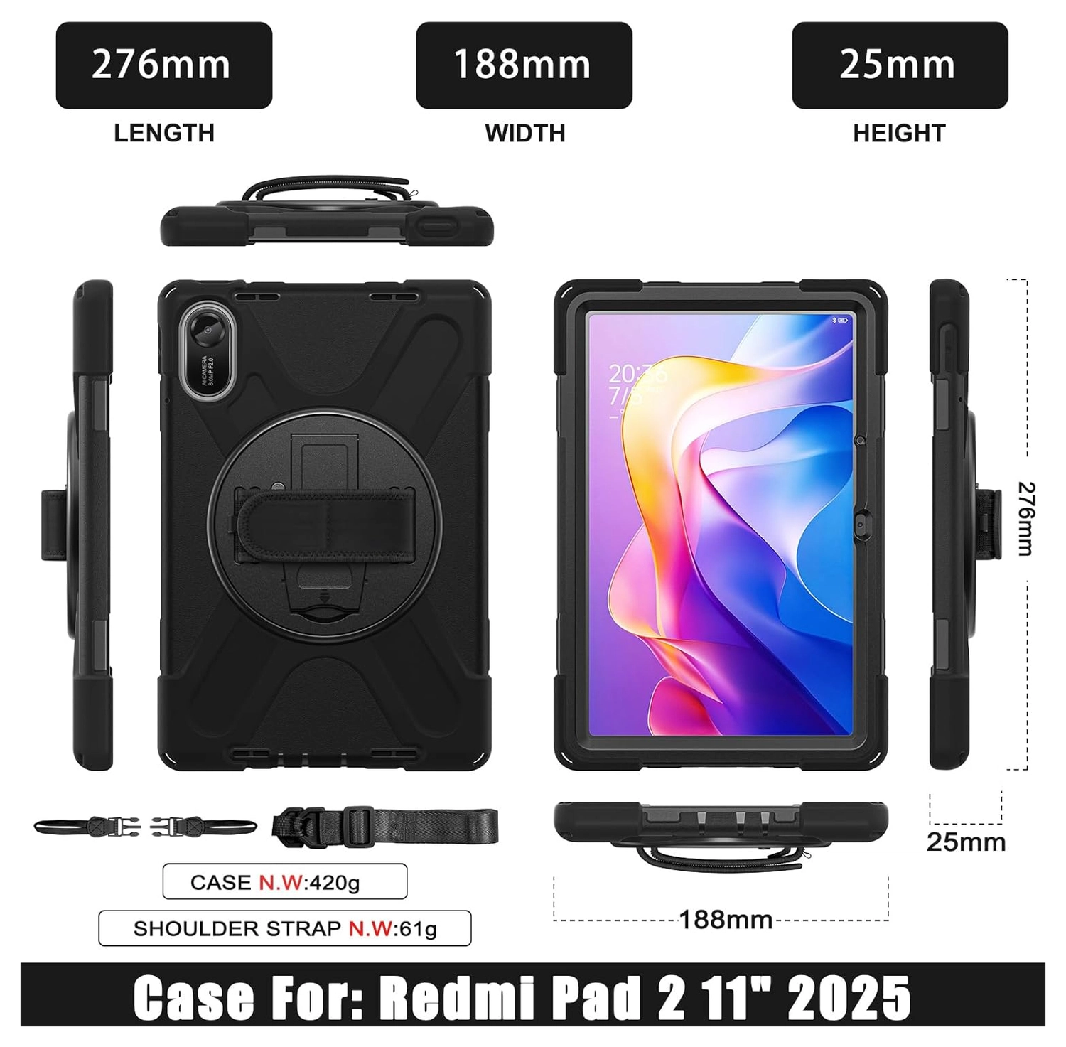 Xiaomi Redmi Pad 2 Hoes Back Cover met Kickstand en Handriem Zwart afbeelding 3