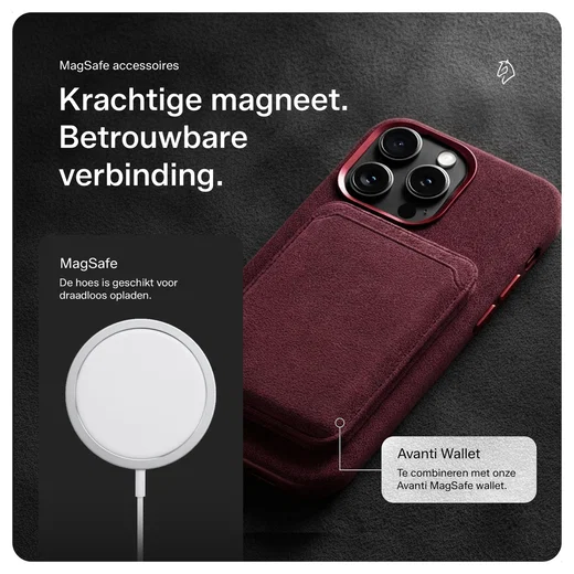 Rosso Avanti Apple iPhone 16 Pro Hoesje Alcantara MagSafe met Wallet Burgundy afbeelding 6
