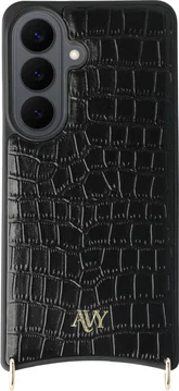AVY Samsung Galaxy S26 Hoesje met Koord Haakjes MagSafe Leer Croco Zwart