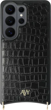 AVY Samsung Galaxy S26 Ultra Hoesje met Koord Haakjes MagSafe Leer Croco Zwart