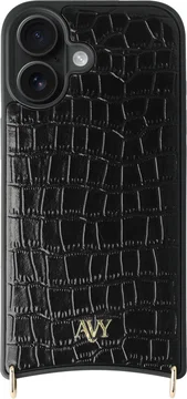 AVY Apple iPhone 17 Hoesje met Koord Haakjes MagSafe Leer Croco Zwart