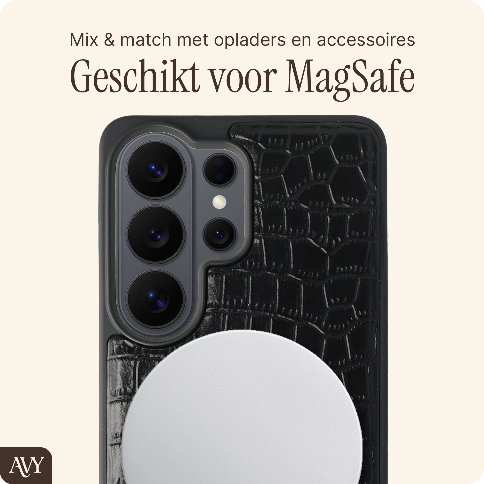 AVY Samsung Galaxy S25 / S24 Hoesje met Koord Haakjes MagSafe Leer Croco Zwart afbeelding 6