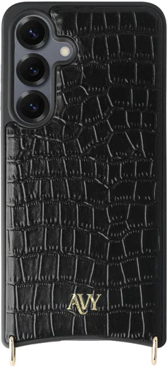 AVY Samsung Galaxy S25 / S24 Hoesje met Koord Haakjes MagSafe Leer Croco Zwart afbeelding 1