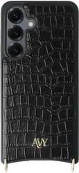 AVY Samsung Galaxy S25 / S24 Hoesje met Koord Haakjes MagSafe Leer Croco Zwart afbeelding