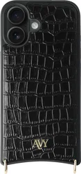 AVY Apple iPhone 16 Hoesje met Koord Haakjes MagSafe Leer Croco Zwart afbeelding