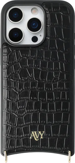 AVY Apple iPhone 16 Pro Hoesje met Koord Haakjes MagSafe Leer Croco Zwart afbeelding 1