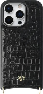 AVY Apple iPhone 16 Pro Hoesje met Koord Haakjes MagSafe Leer Croco Zwart