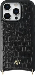 AVY Apple iPhone 16 Pro Hoesje met Koord Haakjes MagSafe Leer Croco Zwart afbeelding