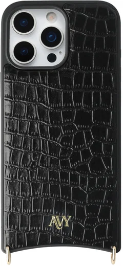AVY Apple iPhone 16 Pro Max Hoesje met Koord Haakjes MagSafe Leer Croco Zwart afbeelding 1