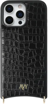 AVY Apple iPhone 16 Pro Max Hoesje met Koord Haakjes MagSafe Leer Croco Zwart