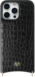 AVY Apple iPhone 16 Pro Max Hoesje met Koord Haakjes MagSafe Leer Croco Zwart afbeelding