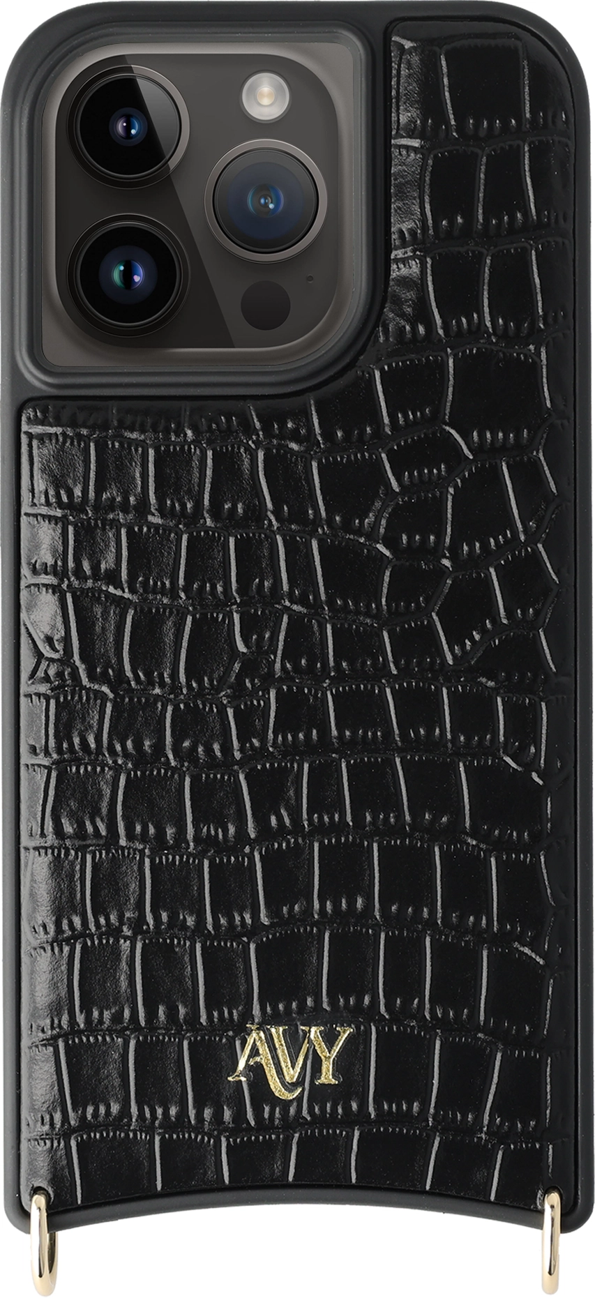 AVY Apple iPhone 15 Pro Hoesje met Koord Haakjes MagSafe Leer Croco Zwart afbeelding 1