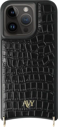 AVY Apple iPhone 15 Pro Hoesje met Koord Haakjes MagSafe Leer Croco Zwart afbeelding 1