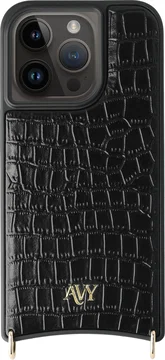 AVY Apple iPhone 15 Pro Hoesje met Koord Haakjes MagSafe Leer Croco Zwart
