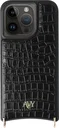 AVY Apple iPhone 15 Pro Hoesje met Koord Haakjes MagSafe Leer Croco Zwart