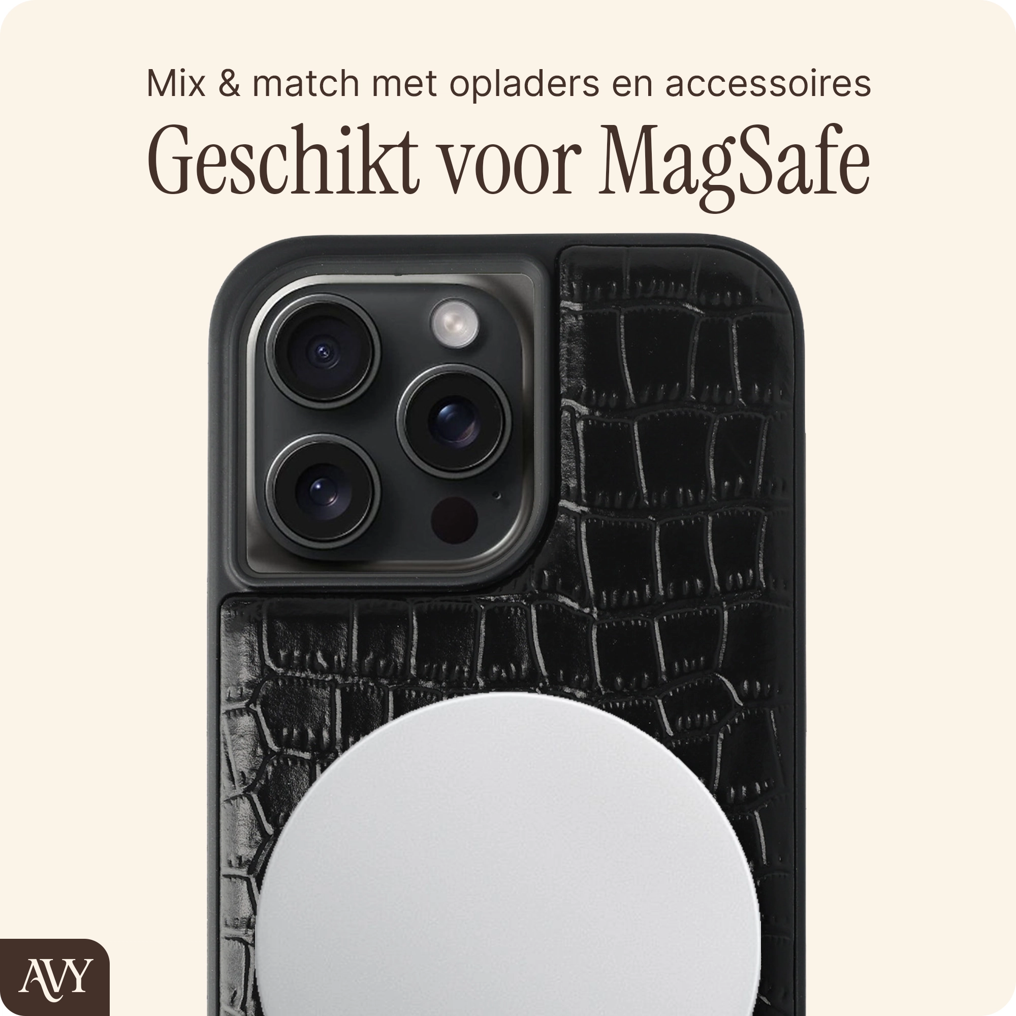 AVY Apple iPhone 15 Pro Hoesje met Koord Haakjes MagSafe Leer Croco Zwart afbeelding 7