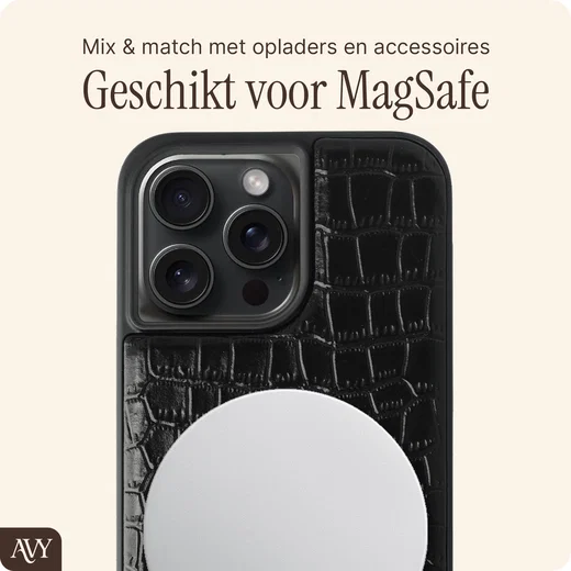 AVY Apple iPhone 15 Pro Hoesje met Koord Haakjes MagSafe Leer Croco Zwart afbeelding 7