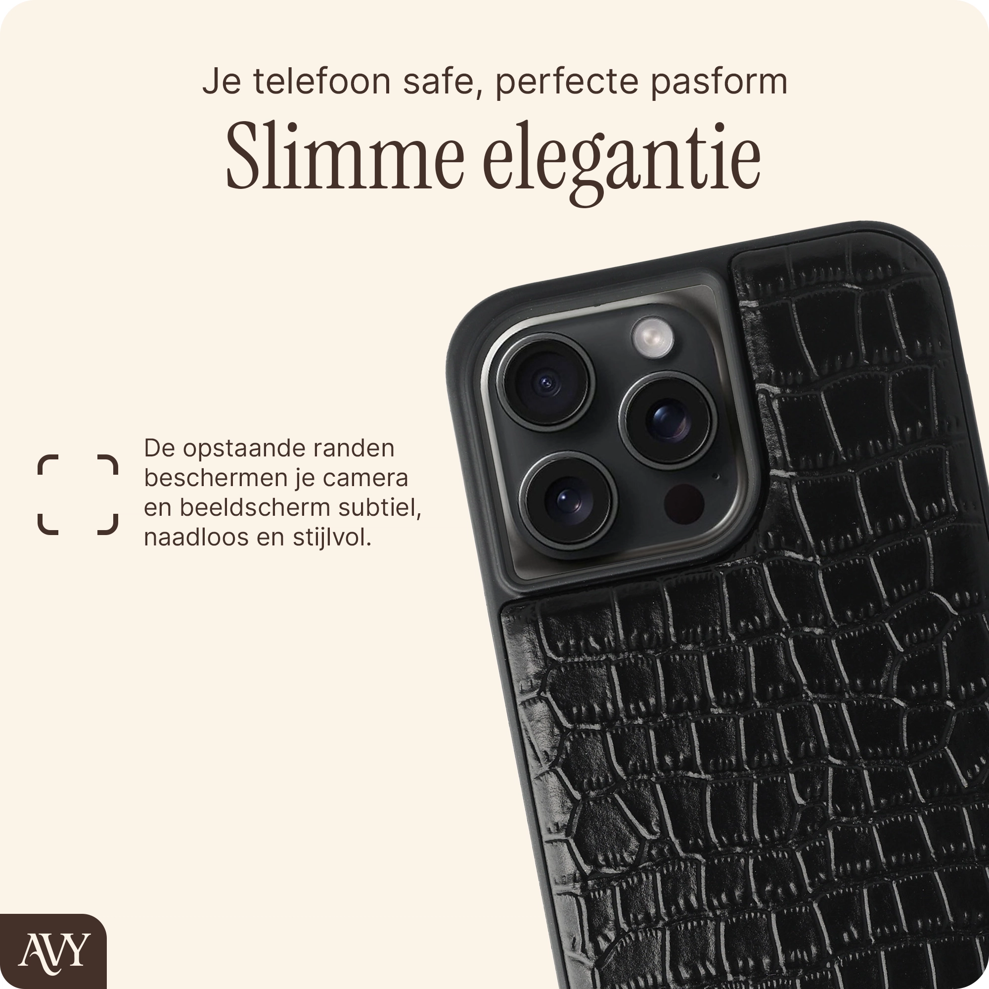 AVY Apple iPhone 15 Pro Hoesje met Koord Haakjes MagSafe Leer Croco Zwart afbeelding 9