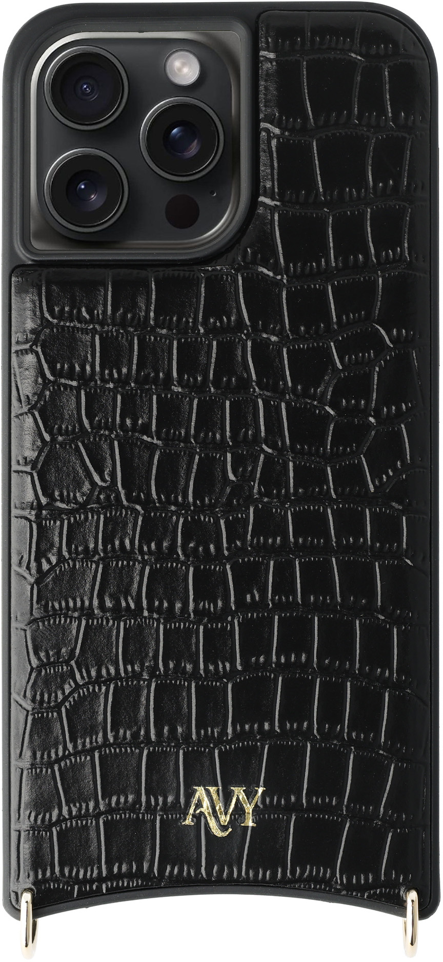 AVY Apple iPhone 15 Pro Max Hoesje met Koord Haakjes MagSafe Leer Croco Zwart afbeelding 1