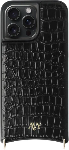 AVY Apple iPhone 15 Pro Max Hoesje met Koord Haakjes MagSafe Leer Croco Zwart afbeelding 1