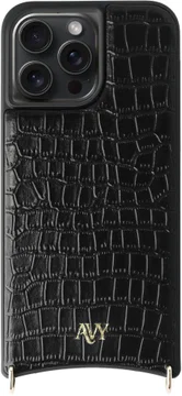 AVY Apple iPhone 15 Pro Max Hoesje met Koord Haakjes MagSafe Leer Croco Zwart